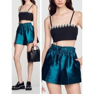 SANDRO Satiny Wide-Leg Shorts Size 2 Mallard Green